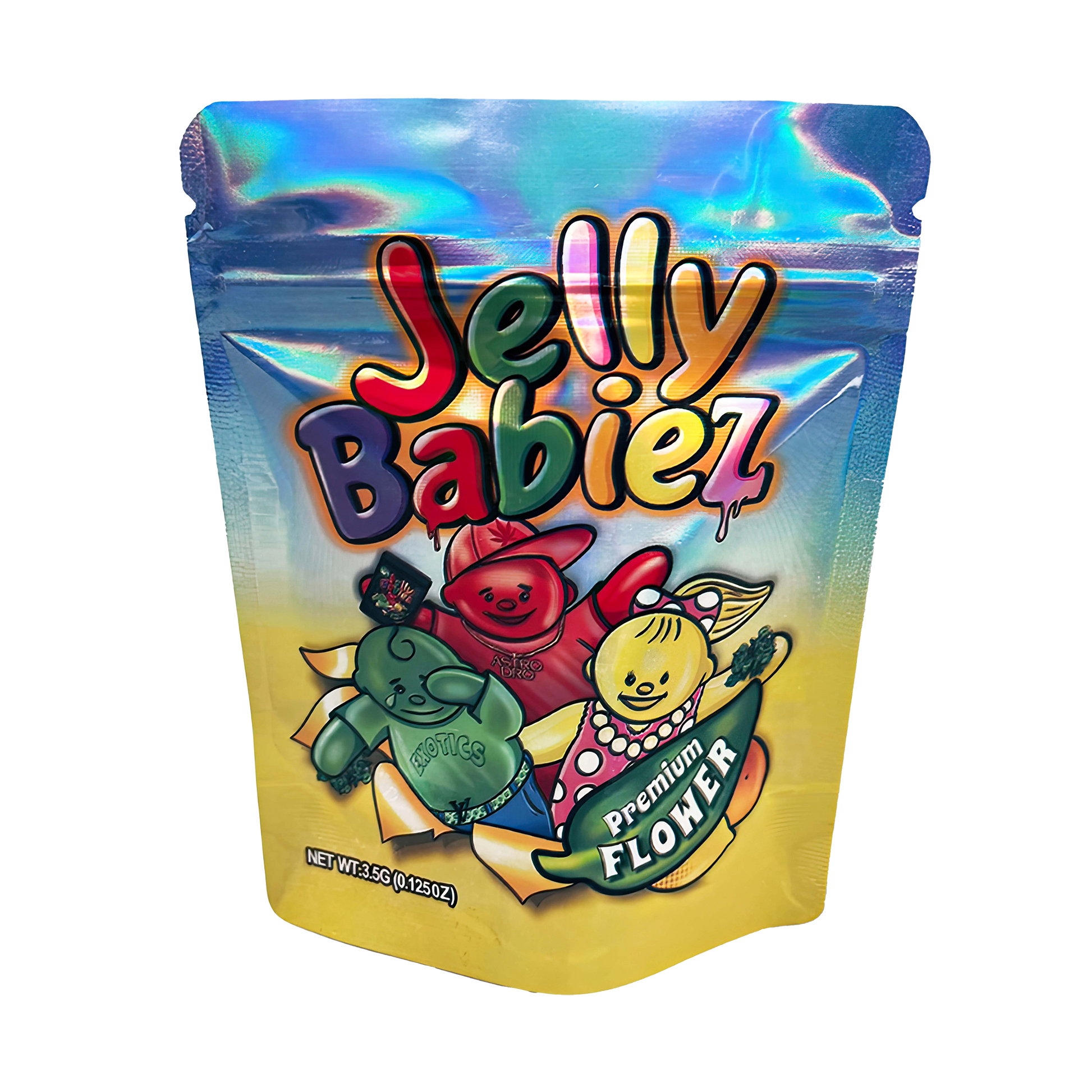 3.5G Mylar Bags, herb Mylar Bags, Where to buy mylar bags, Custom mylar bags near me, Mylar Bags Wholesale. Colorful packaging of Jelly Babiez with cartoon characters on a white background