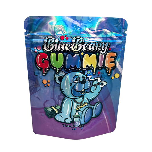 3.5G Mylar Bags, herb Mylar Bags, Where to buy mylar bags, Custom mylar bags near me, Mylar Bags Wholesale. BlueBeary Gummy packaging with a cartoon bear character on a white background