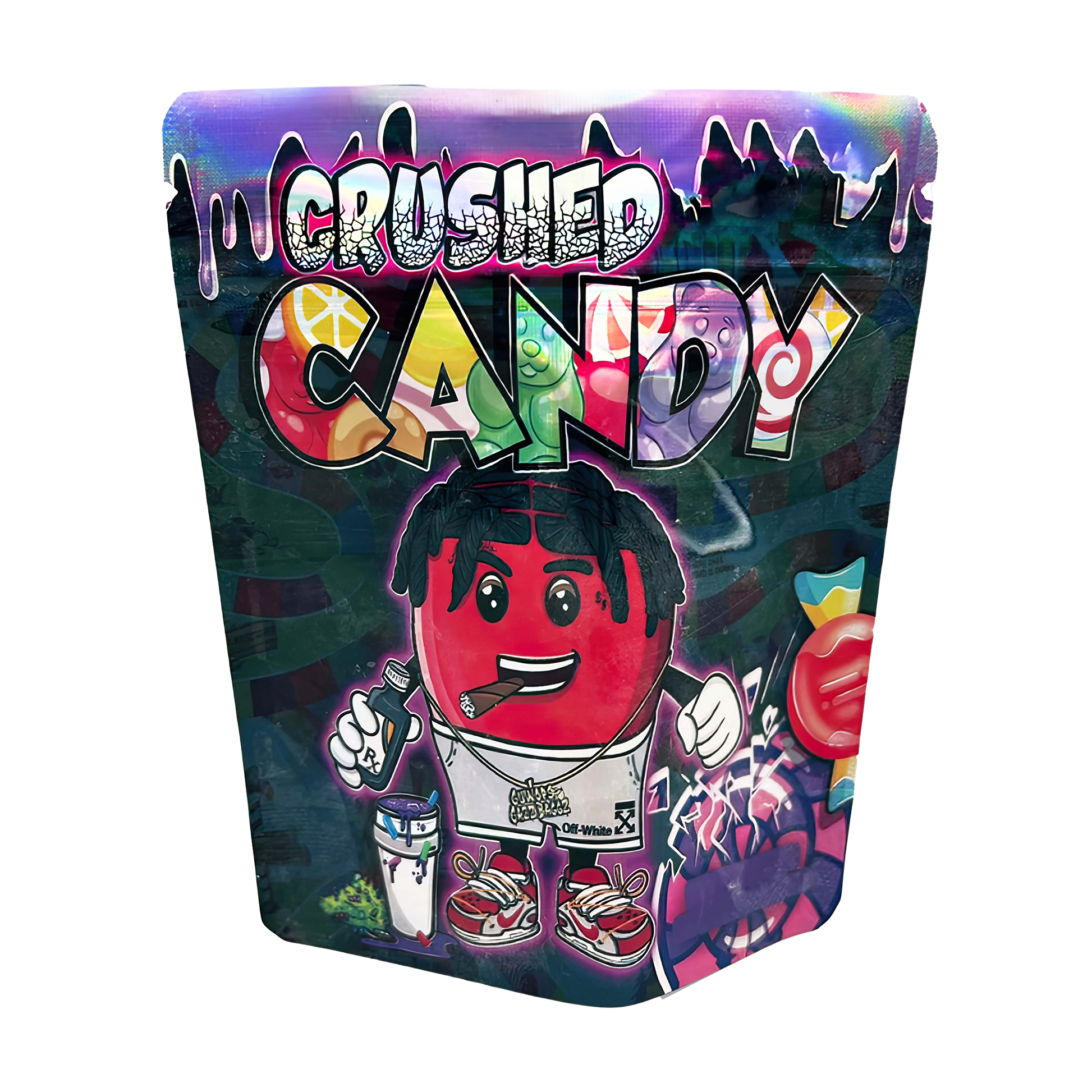 3.5G Mylar Bags, herb Mylar Bags, Where to buy mylar bags, Custom mylar bags near me, Mylar Bags Wholesale. Colorful packaging of 'Crushed Candy' with a cartoon character on a white background