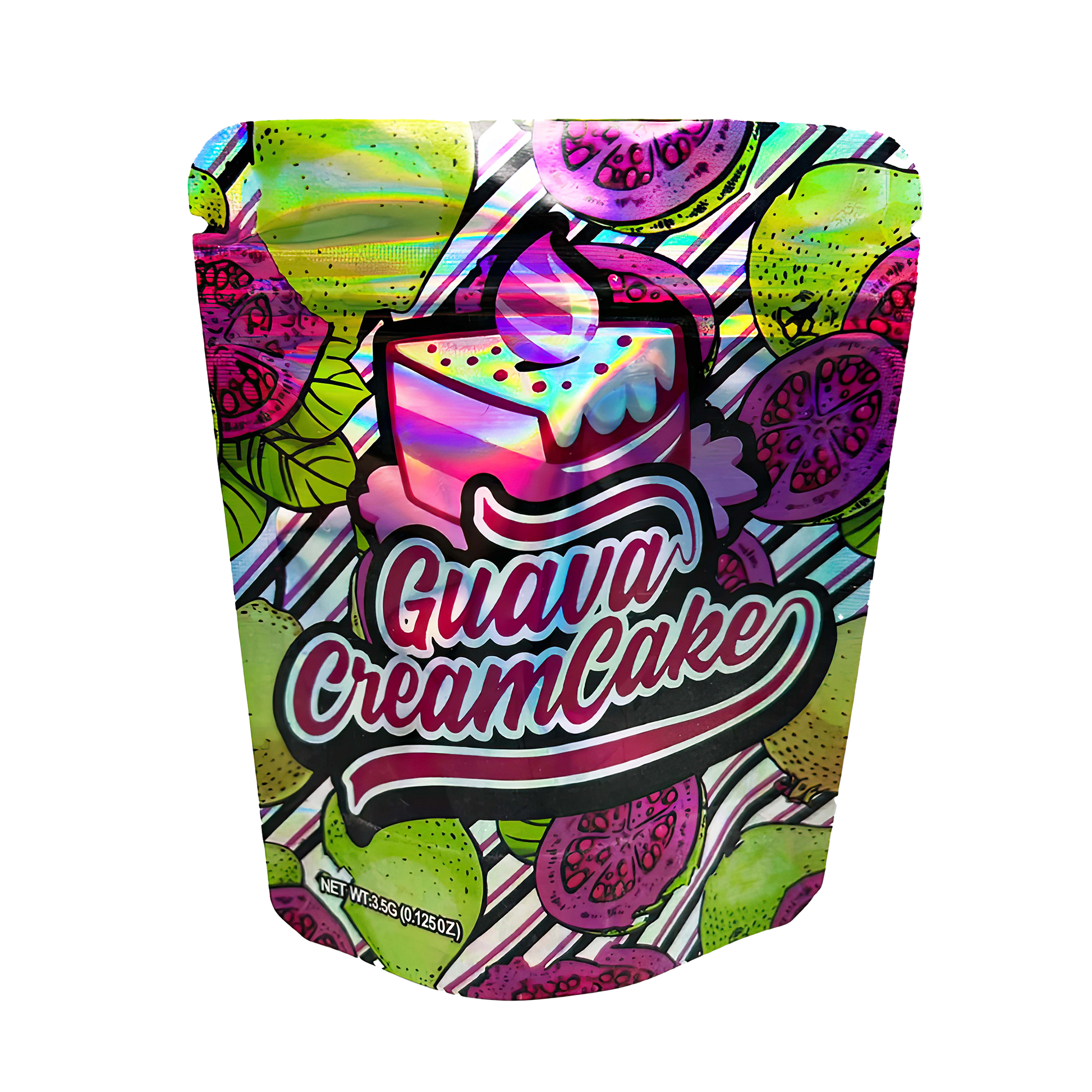 3.5G Mylar Bags, herb Mylar Bags, Where to buy mylar bags, Custom mylar bags near me, Mylar Bags Wholesale. Colorful packaging of Guava Cream Cake with a cake illustration on a white background