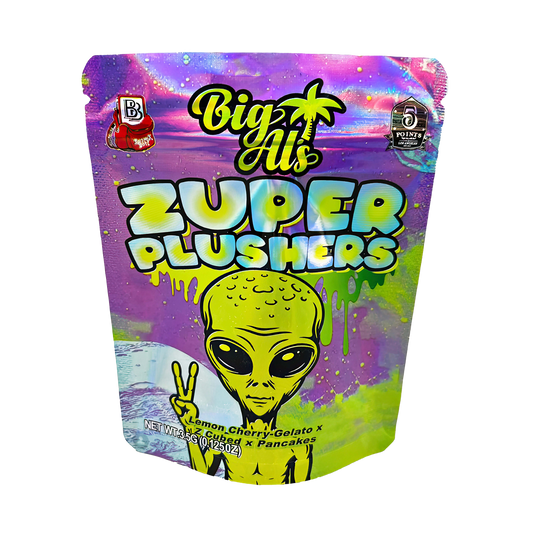 3.5G Mylar Bags, herb Mylar Bags, Where to buy mylar bags, Custom mylar bags near me, Mylar Bags Wholesale. Big Al's Zuper Plushers packaging with alien graphic and colorful design