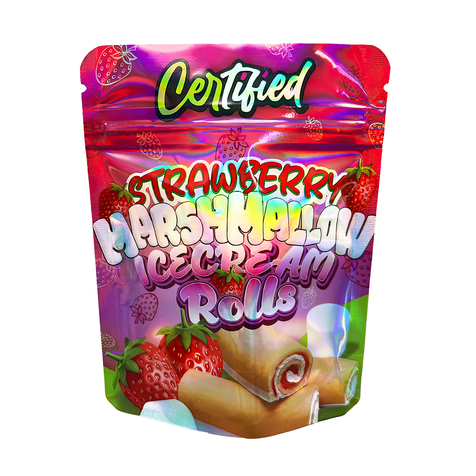 3.5G Mylar Bags, herb Mylar Bags, Where to buy mylar bags, Custom mylar bags near me, Mylar Bags Wholesale. Packaging of strawberry marshmallow ice cream rolls with colorful design and 'Certified' branding.