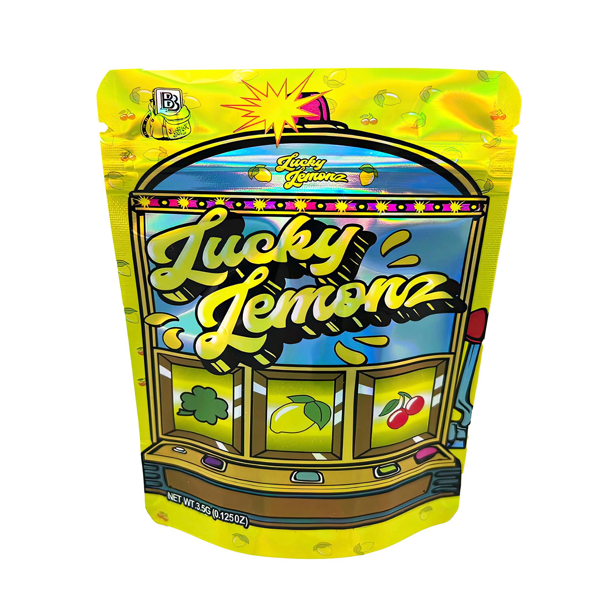 3.5G Mylar Bags, herb Mylar Bags, Where to buy mylar bags, Custom mylar bags near me, Mylar Bags Wholesale. Packaged product with 'Lucky Lemon' branding on a white background