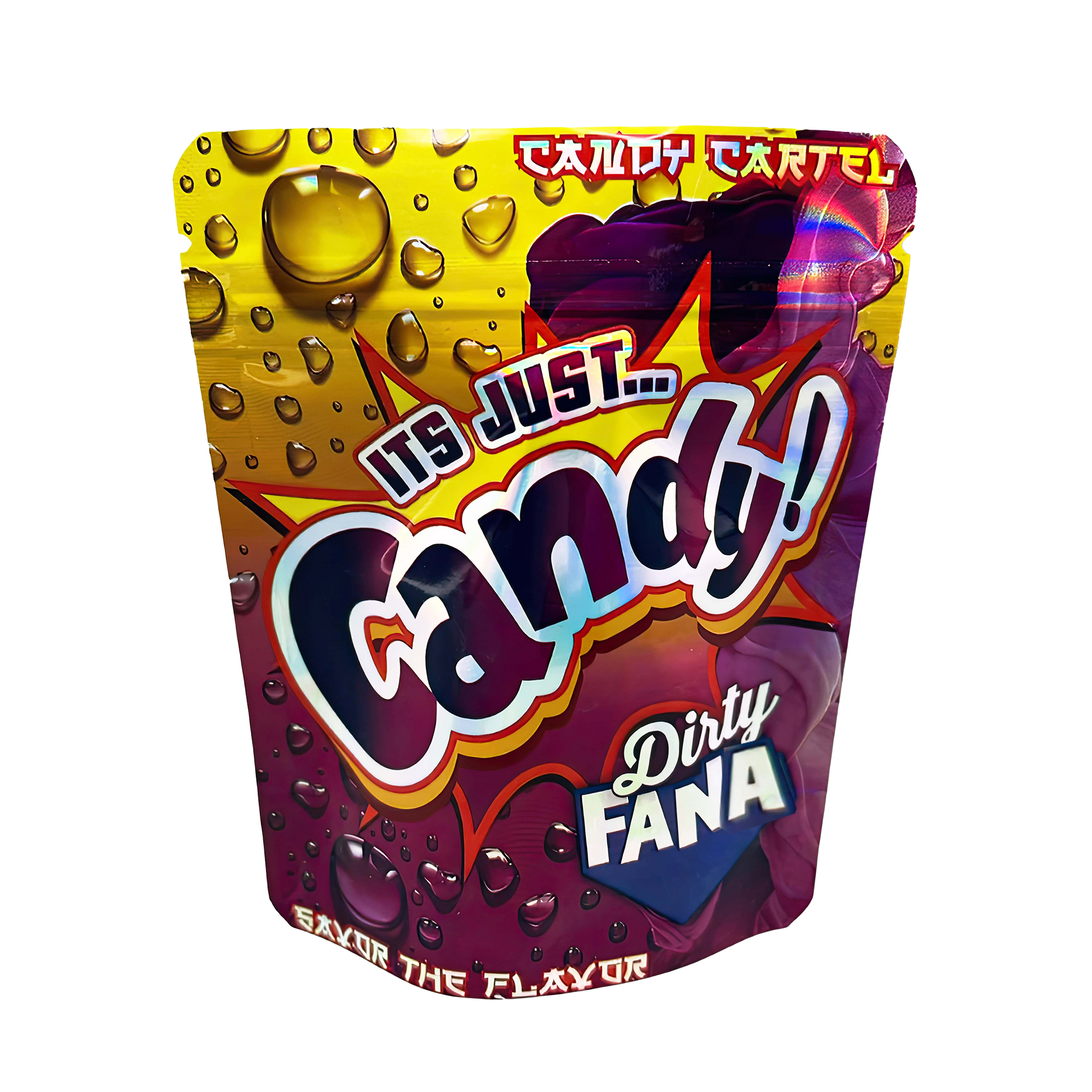 Mylar Bags Candy packaging with colorful design and text on a white background