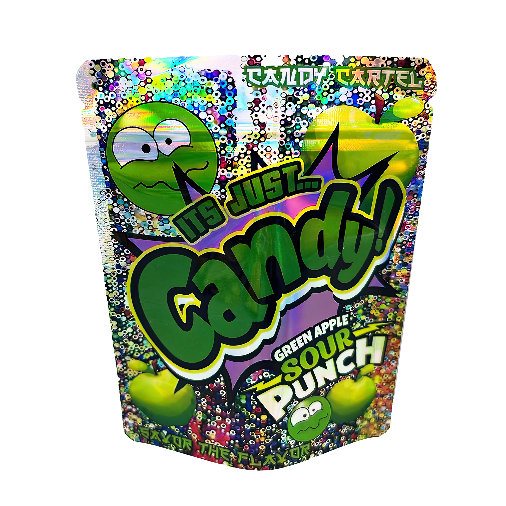 3.5G Mylar Bags, herb Mylar Bags, Where to buy mylar bags, Custom mylar bags near me, Mylar Bags Wholesale. Colorful candy bag with 'It's Just Candy!' branding and green apple sour punch flavor text.