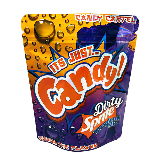 3.5G Mylar Bags, herb Mylar Bags, Where to buy mylar bags, Custom mylar bags near me, Mylar Bags Wholesale. Candy Cartel Dirty Sprite Tropical Mix packaging with orange and purple design.