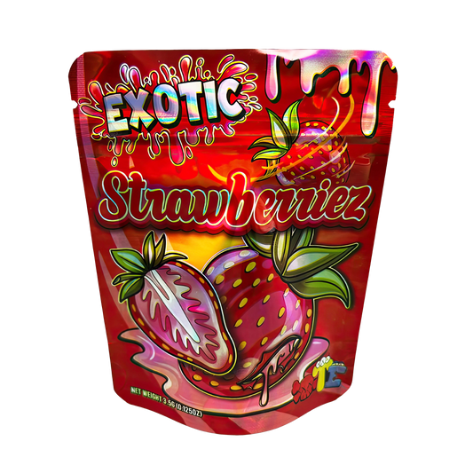 3.5G Mylar Bags, herb Mylar Bags, Where to buy mylar bags, Custom mylar bags near me, Mylar Bags Wholesale. Exotic Strawberiezs packaging with colorful design on a white background