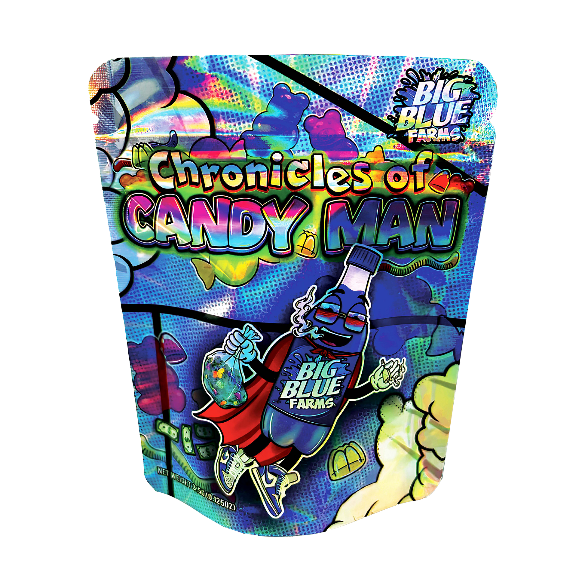 3.5G Mylar Bags, herb Mylar Bags, Where to buy mylar bags, Custom mylar bags near me, Mylar Bags Wholesale. Colorful packaging of 'Chronicles of Candy Man' by Big Blue Farms on a white background