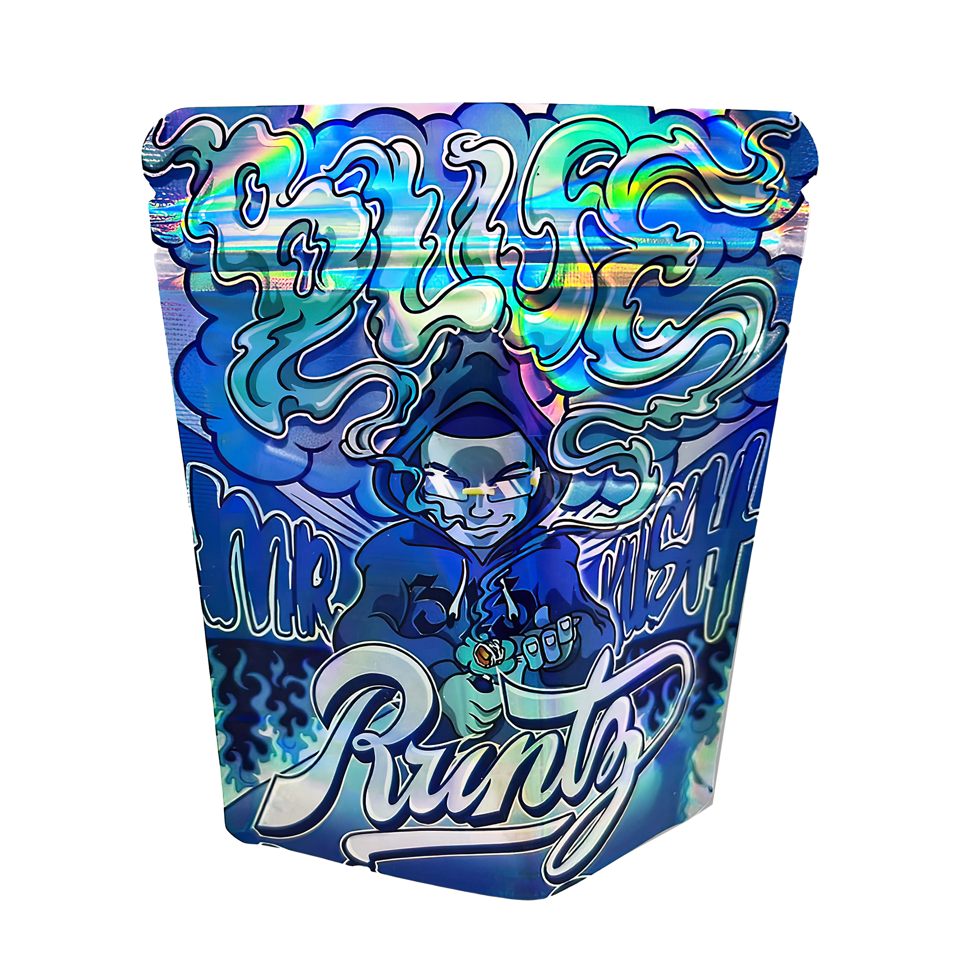 3.5G Mylar Bags, herb Mylar Bags, Where to buy mylar bags, Custom mylar bags near me, Mylar Bags Wholesale. Colorful packaging with a character and 'Mr. Runtz' branding on a white background