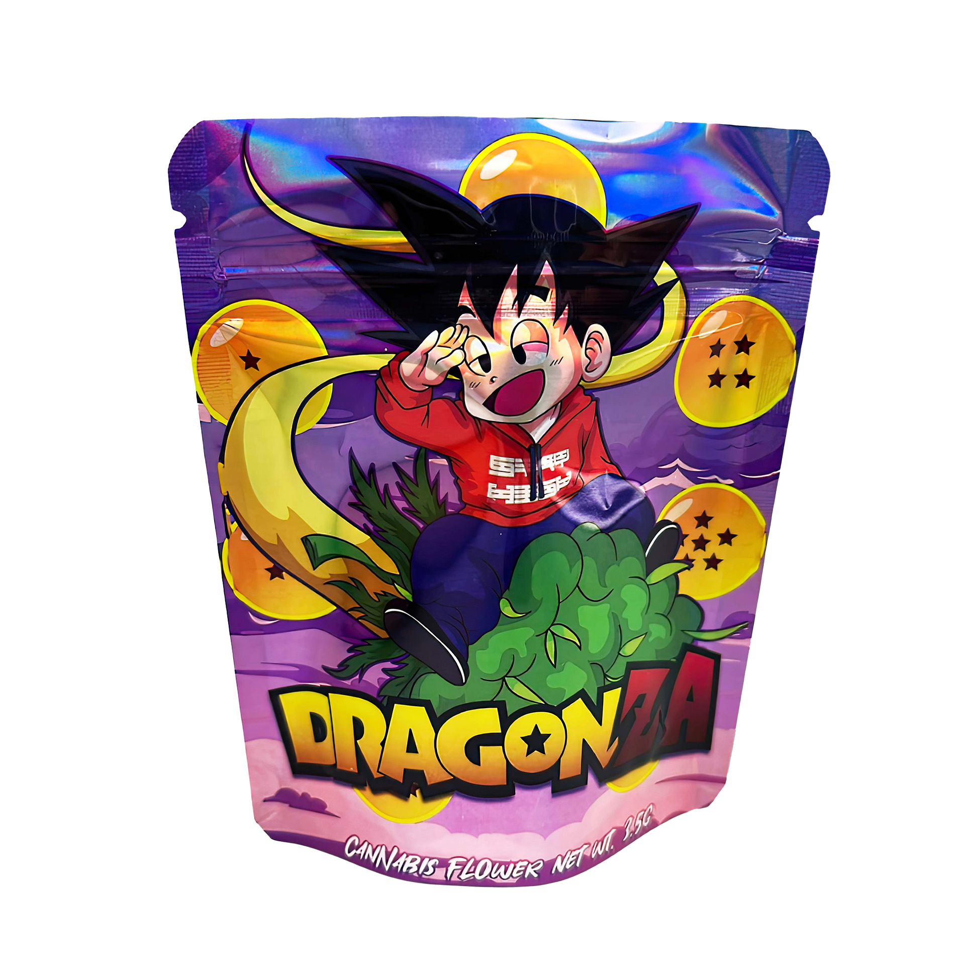 3.5G Mylar Bags, herb Mylar Bags, Where to buy mylar bags, Custom mylar bags near me, Mylar Bags Wholesale. Dragon Ball-themed product packaging with character design on a white background