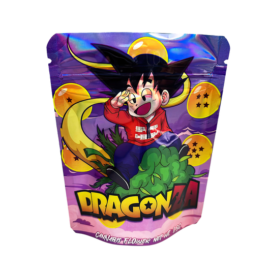 3.5G Mylar Bags, herb Mylar Bags, Where to buy mylar bags, Custom mylar bags near me, Mylar Bags Wholesale. Dragon Ball-themed product packaging with character design on a white background