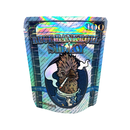 3.5G Mylar Bags, herb Mylar Bags, Where to buy mylar bags, Custom mylar bags near me, Mylar Bags Wholesale. Holographic packaging with a cartoon character and 'Blue Bankroll Silky' text on a white background