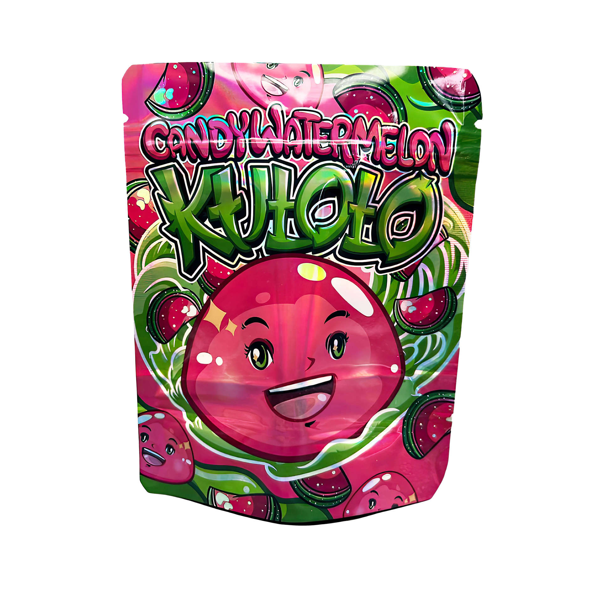 3.5G Mylar Bags, herb Mylar Bags, Where to buy mylar bags, Custom mylar bags near me, Mylar Bags Wholesale. Kaholo candy watermelon flavor packaging on a white background