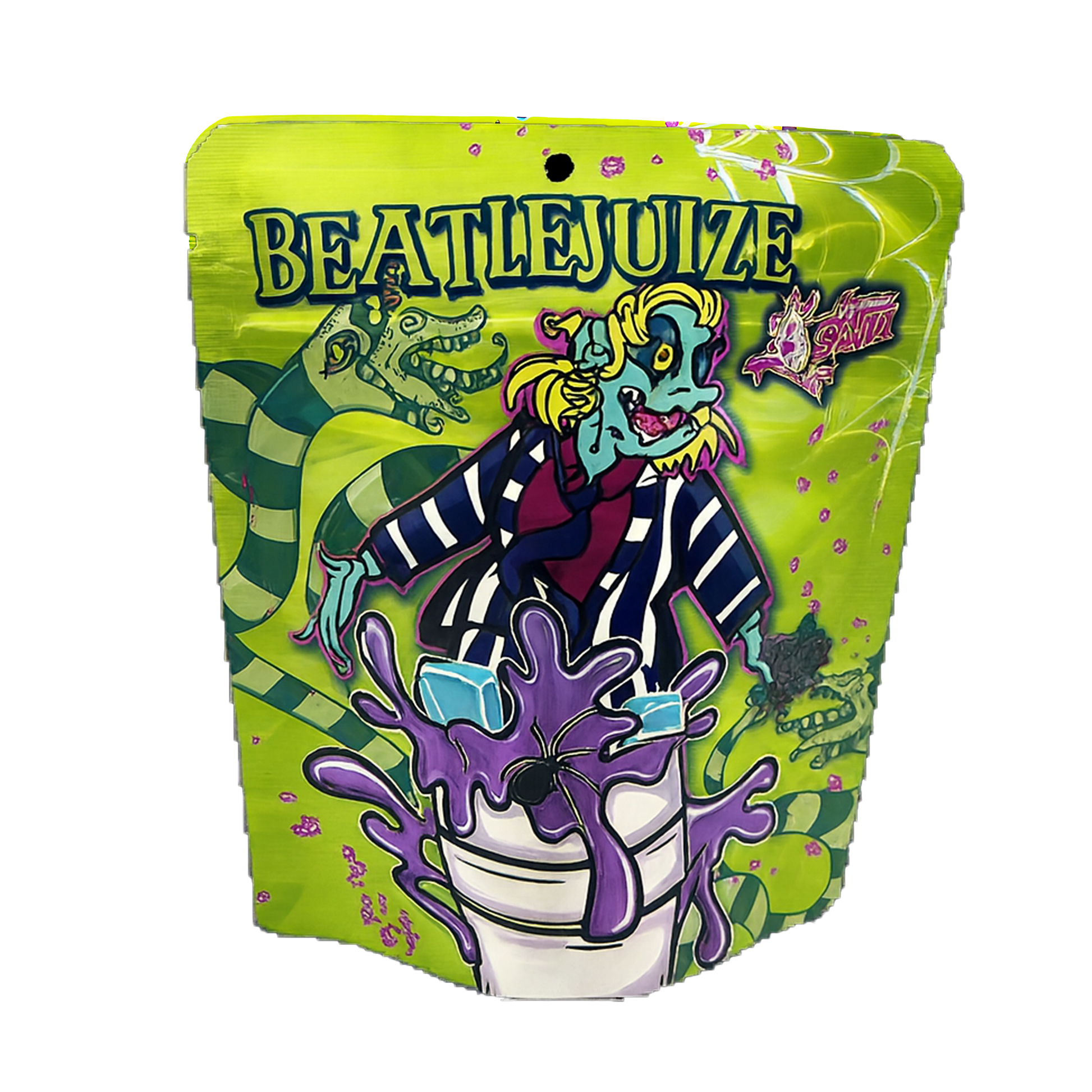 Mylar Bags Colorful packaging of BEATLEJUICE with cartoon character and green background