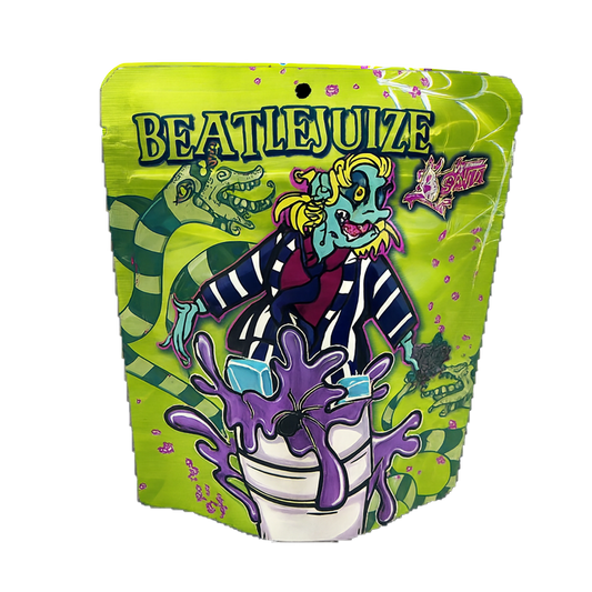 Mylar Bags Colorful packaging of BEATLEJUICE with cartoon character and green background
