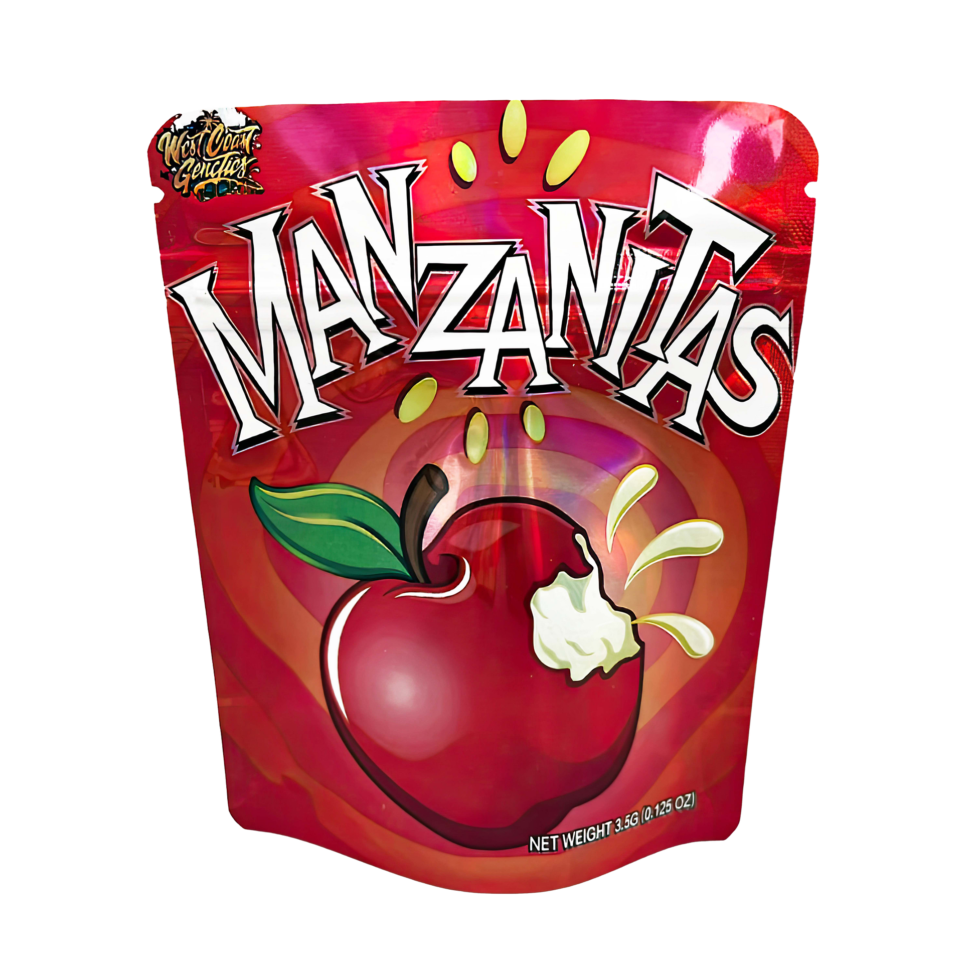 3.5G Mylar Bags, herb Mylar Bags, Where to buy mylar bags, Custom mylar bags near me, Mylar Bags Wholesale. Red packaging of 'Manzanas' with an apple illustration on a white background