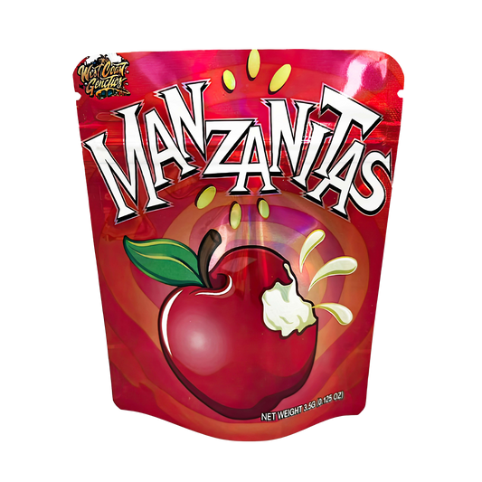 3.5G Mylar Bags, herb Mylar Bags, Where to buy mylar bags, Custom mylar bags near me, Mylar Bags Wholesale. Red packaging of 'Manzanas' with an apple illustration on a white background