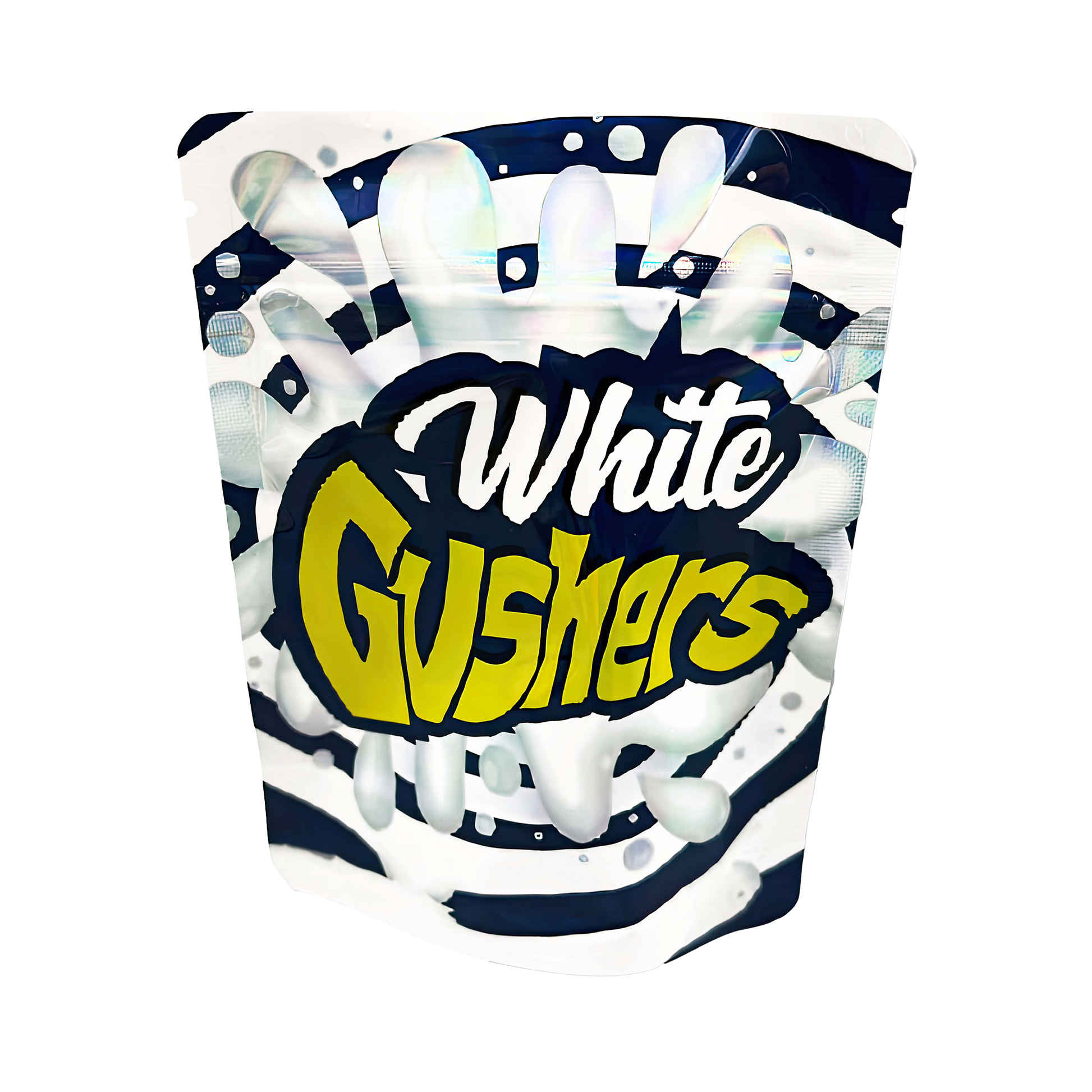 3.5G Mylar Bags, herb Mylar Bags, Where to buy mylar bags, Custom mylar bags near me, Mylar Bags Wholesale. Packaging of White Gushers candy with a blue and white design.