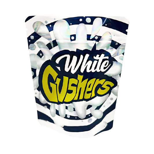3.5G Mylar Bags, herb Mylar Bags, Where to buy mylar bags, Custom mylar bags near me, Mylar Bags Wholesale. Packaging of White Gushers candy with a blue and white design.