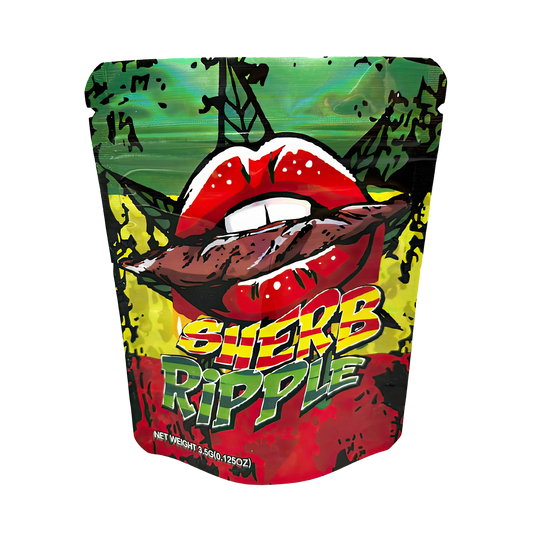 3.5G Mylar Bags, herb Mylar Bags, Where to buy mylar bags, Custom mylar bags near me, Mylar Bags Wholesale. Colorful packaging with a mouth graphic and 'Sherb Ripple' text on a white background