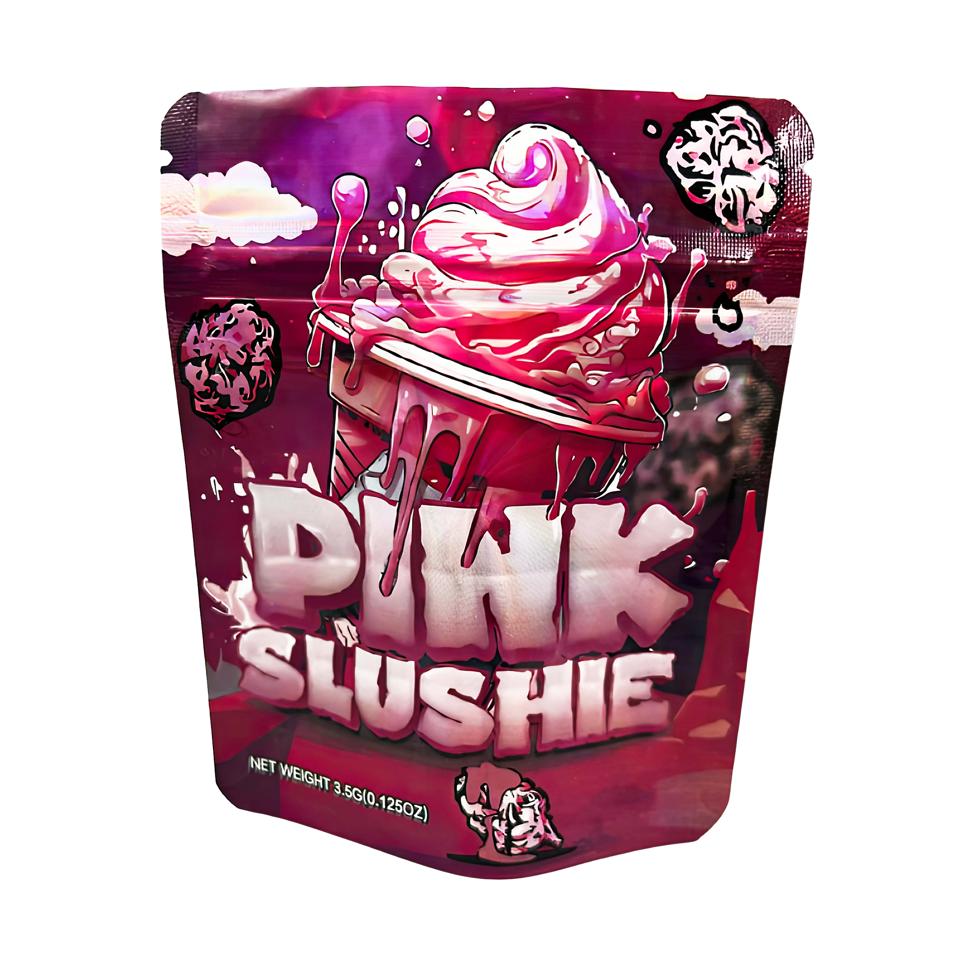 3.5G Mylar Bags, herb Mylar Bags, Where to buy mylar bags, Custom mylar bags near me, Mylar Bags Wholesale. Pink slushie package with ice cream illustration on a white background
