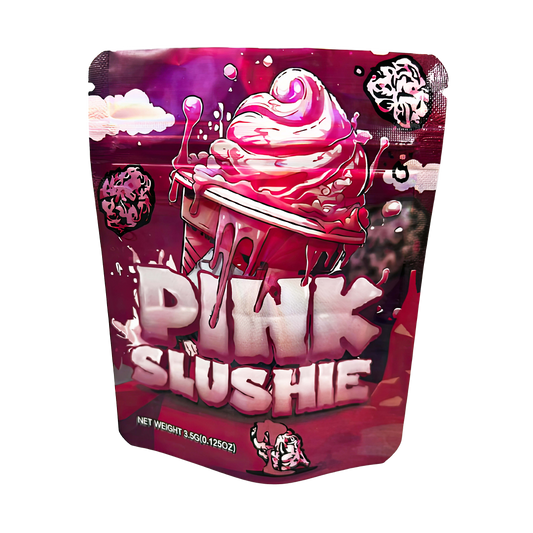 3.5G Mylar Bags, herb Mylar Bags, Where to buy mylar bags, Custom mylar bags near me, Mylar Bags Wholesale. Pink slushie package with ice cream illustration on a white background