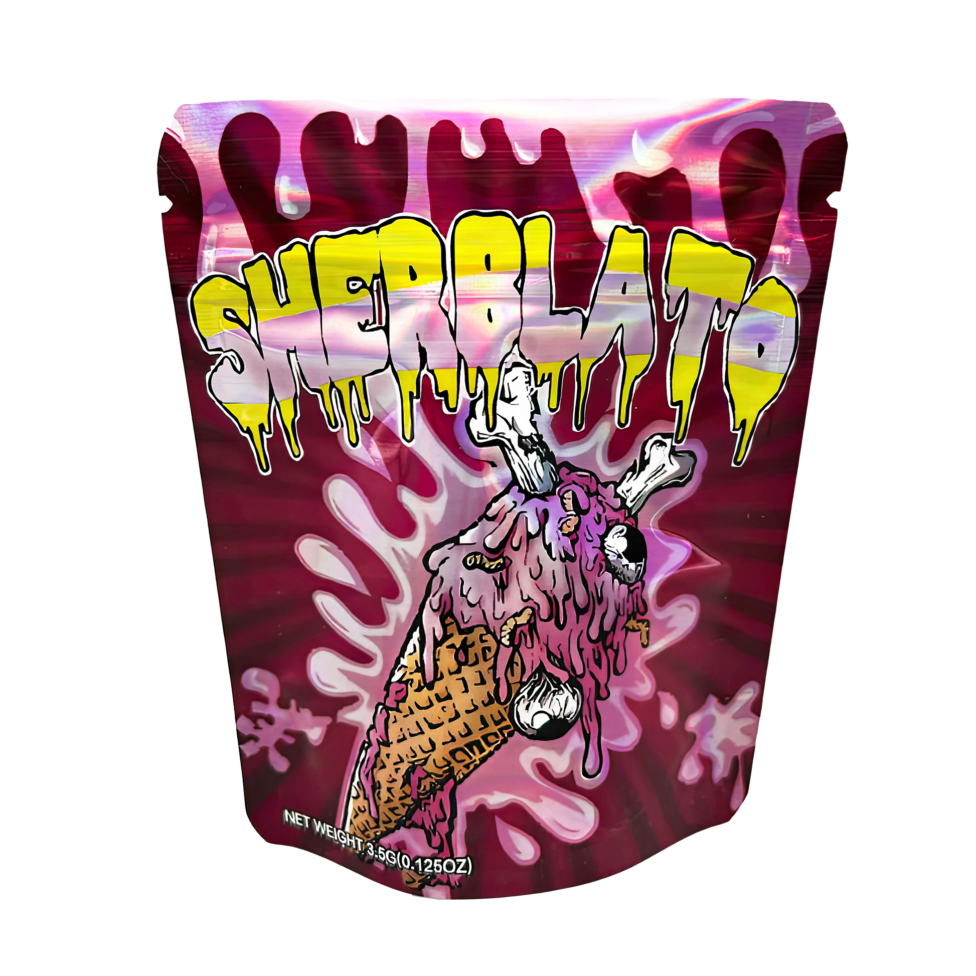 3.5G Mylar Bags, herb Mylar Bags, Where to buy mylar bags, Custom mylar bags near me, Mylar Bags Wholesale. Colorful packaging with 'Sherlato' branding and ice cream cone illustration on a white background