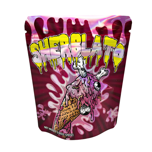 3.5G Mylar Bags, herb Mylar Bags, Where to buy mylar bags, Custom mylar bags near me, Mylar Bags Wholesale. Colorful packaging with 'Sherlato' branding and ice cream cone illustration on a white background