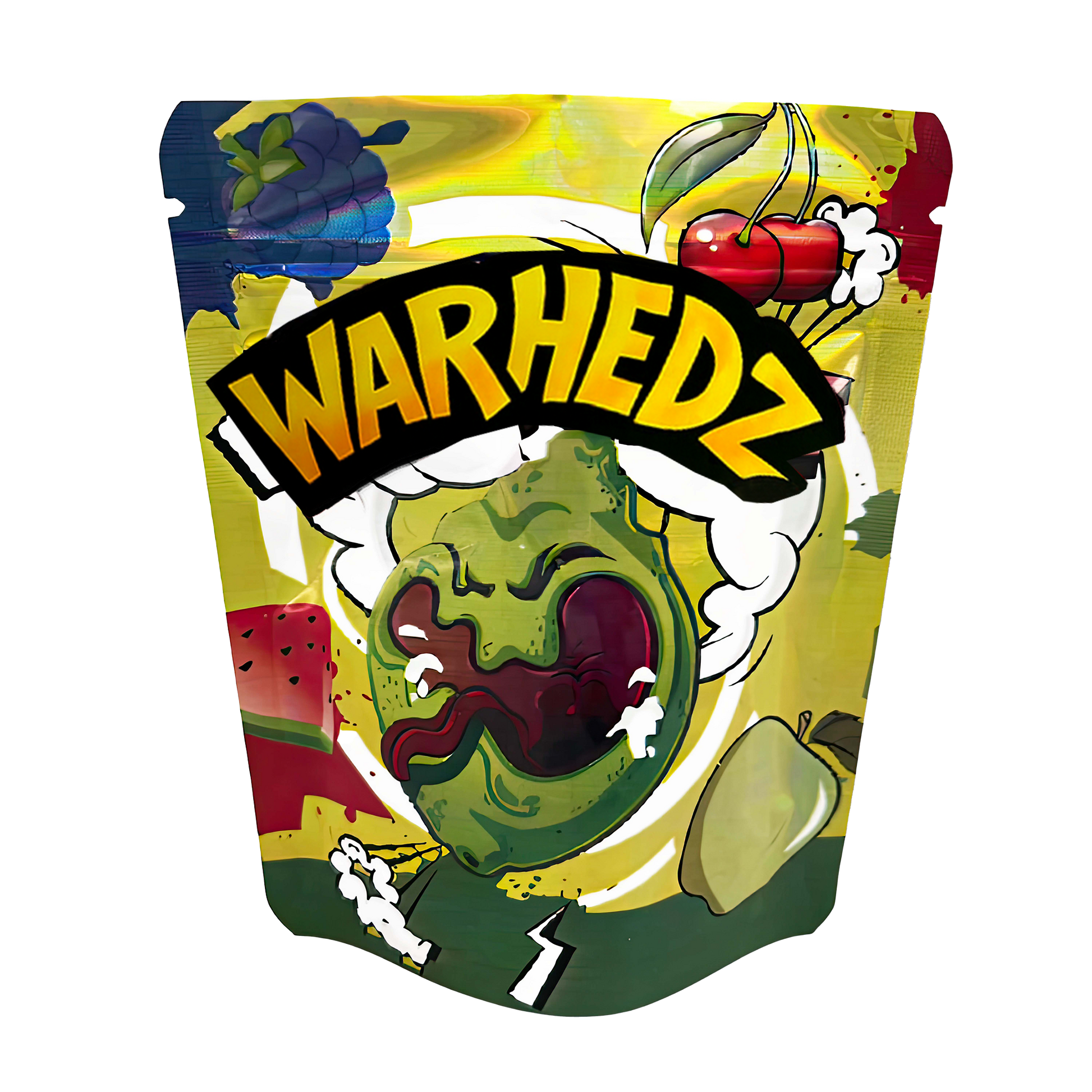 Mylar Bags Colorful packaging of Warhedz with a cartoonish character on a white background