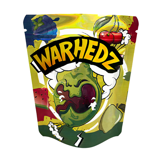 Mylar Bags Colorful packaging of Warhedz with a cartoonish character on a white background