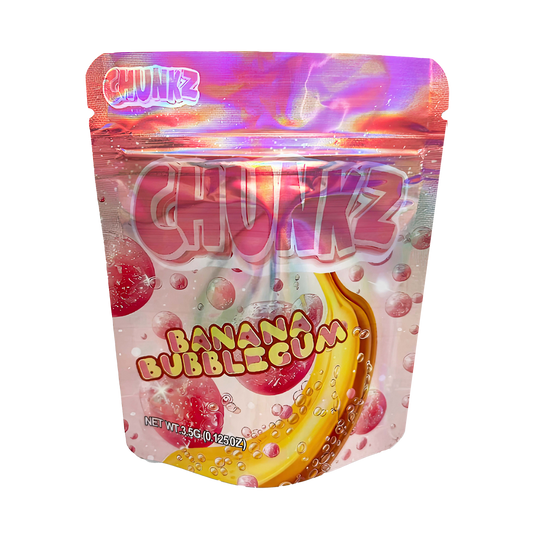 3.5G Mylar Bags, herb Mylar Bags, Where to buy mylar bags, Custom mylar bags near me, Mylar Bags Wholesale. Packaged candy labeled 'Chunkz Banana Bubblegum' on a white background