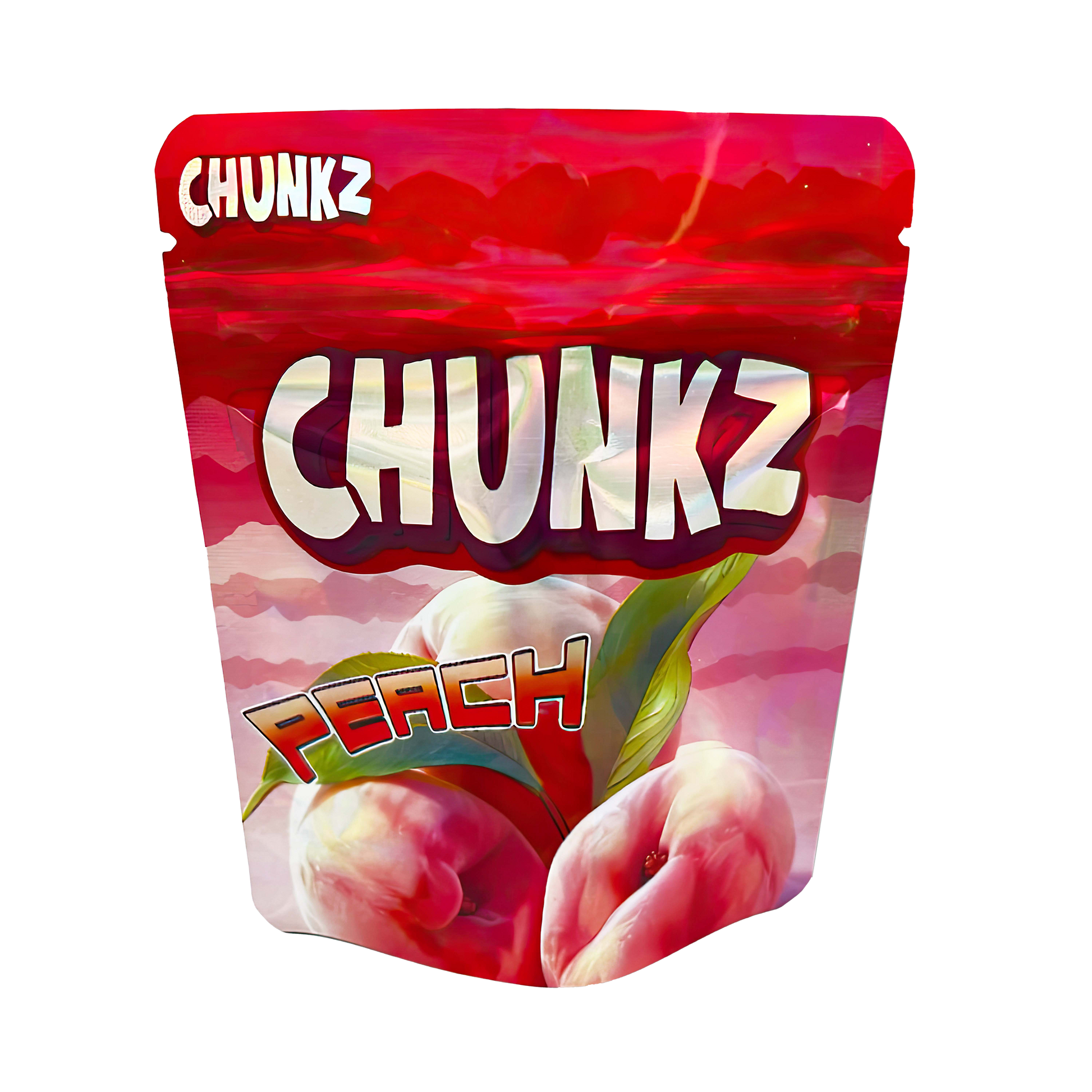 3.5G Mylar Bags, herb Mylar Bags, Where to buy mylar bags, Custom mylar bags near me, Mylar Bags Wholesale. Packaged snack with 'Chunkz' branding and peach flavor on a white background
