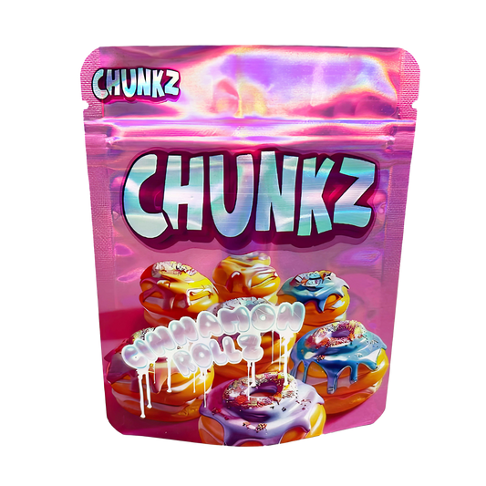 3.5G Mylar Bags, herb Mylar Bags, Where to buy mylar bags, Custom mylar bags near me, Mylar Bags Wholesale. Packaging of Chunkz candy with colorful donut-shaped candies on a white background