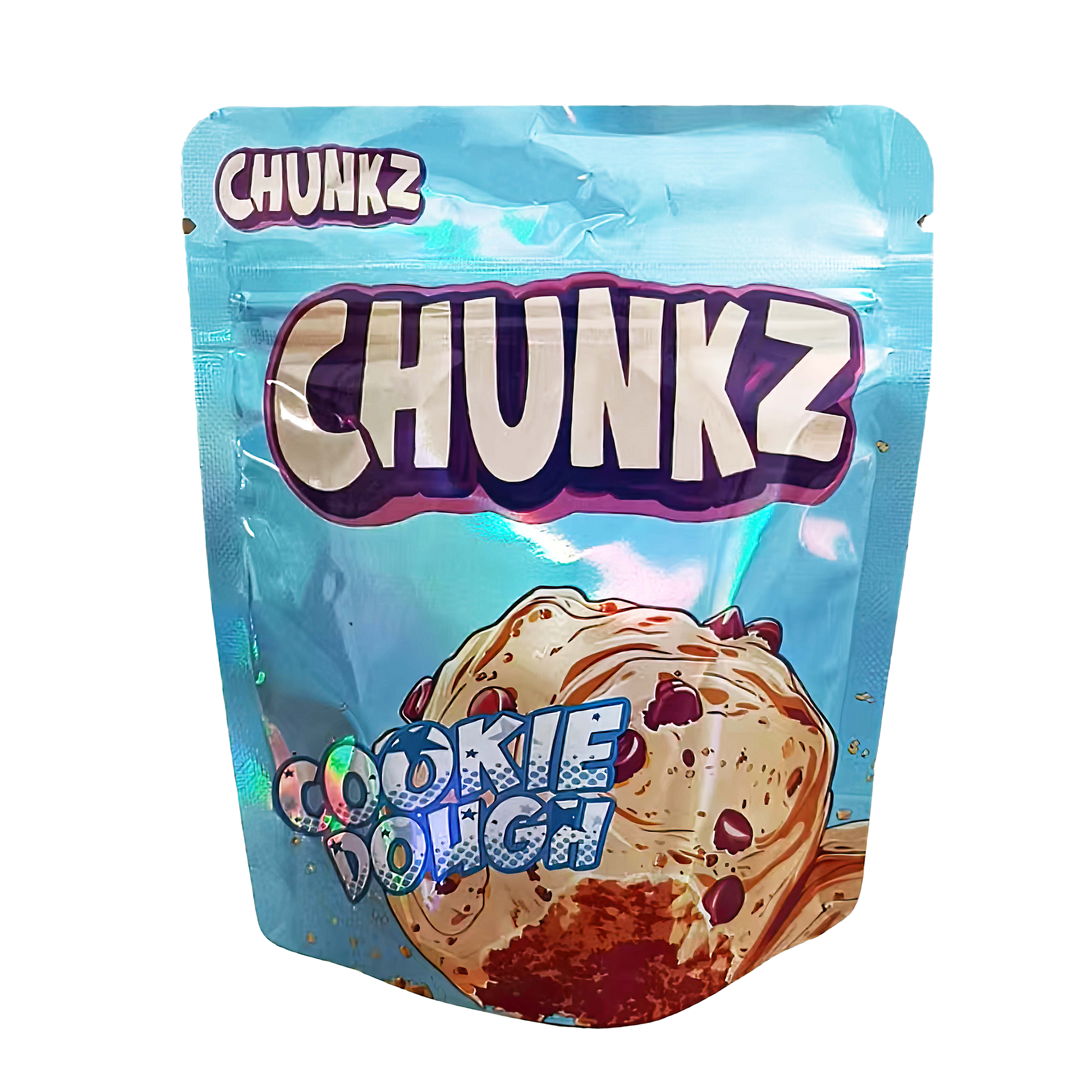 3.5G Mylar Bags, herb Mylar Bags, Where to buy mylar bags, Custom mylar bags near me, Mylar Bags Wholesale. Packaging of Chunkz Cookie Dough with a blue background