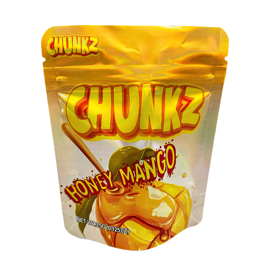 3.5G Mylar Bags, herb Mylar Bags, Where to buy mylar bags, Custom mylar bags near me, Mylar Bags Wholesale. Packaged snack labeled 'Chunkz Honey Mango' on a white background