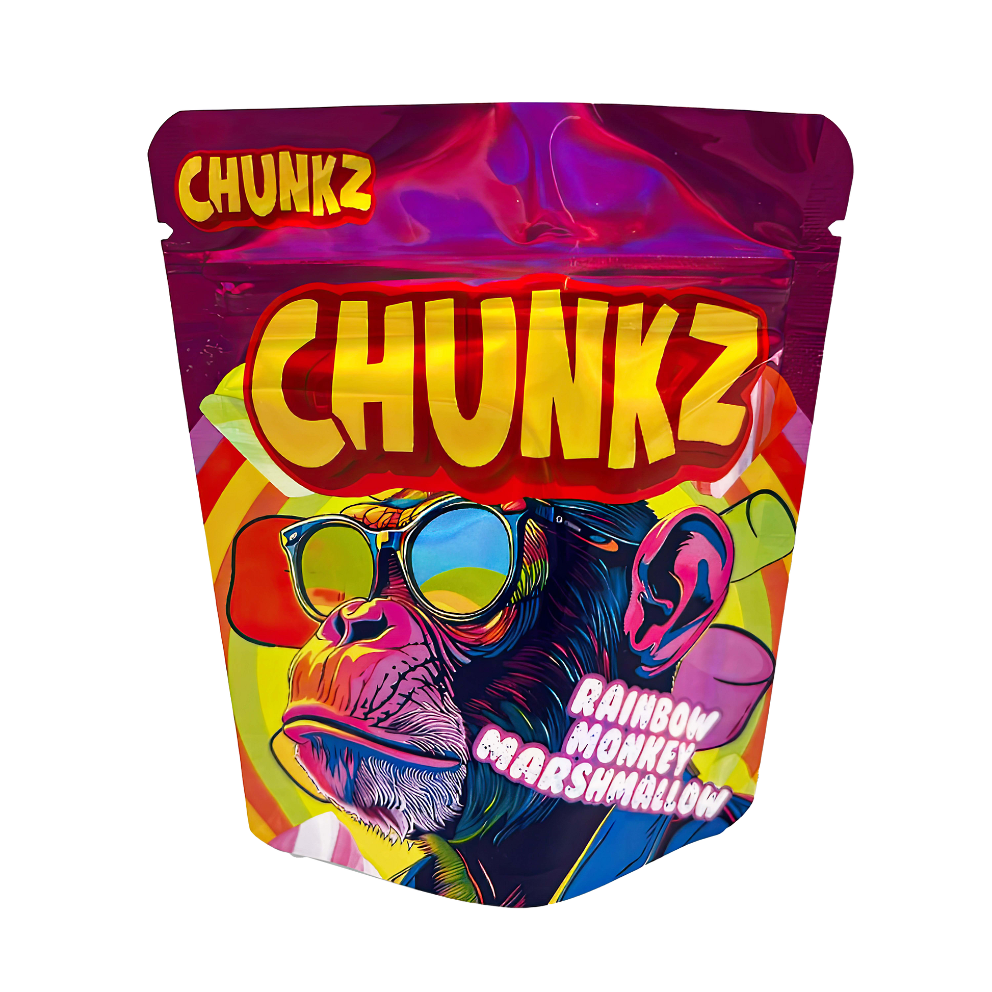 3.5G Mylar Bags, herb Mylar Bags, Where to buy mylar bags, Custom mylar bags near me, Mylar Bags Wholesale. Colorful packaging of Chunkz Rainbow Monkey Marshmallow on a white background