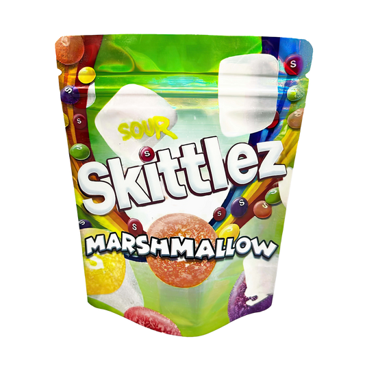 Mylar Bags Packaging of Sour Skittles Marshmallow on a white background