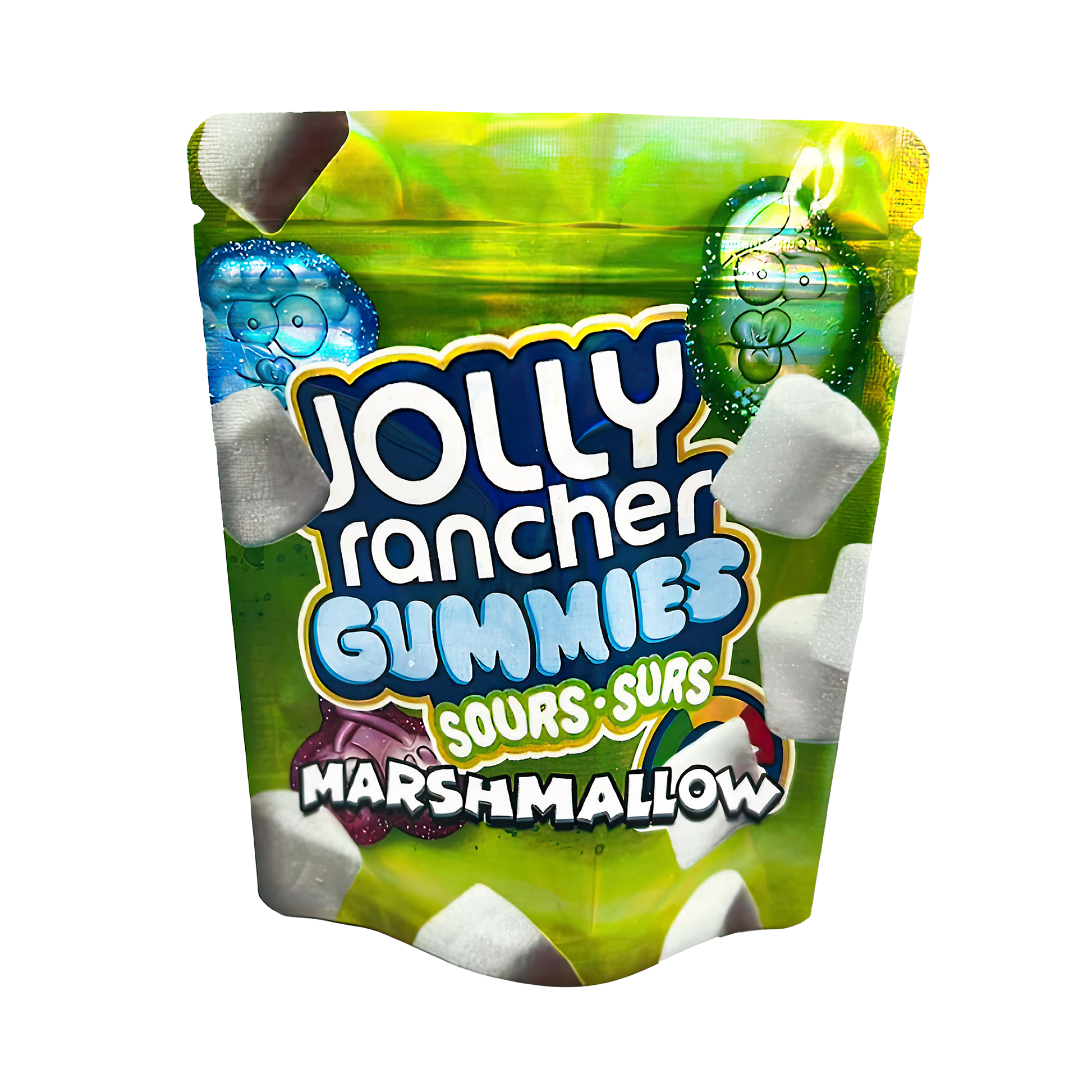 3.5G Mylar Bags, herb Mylar Bags, Where to buy mylar bags, Custom mylar bags near me, Mylar Bags Wholesale. Jolly Rancher Gummies Sours Marshmallow package on a white background