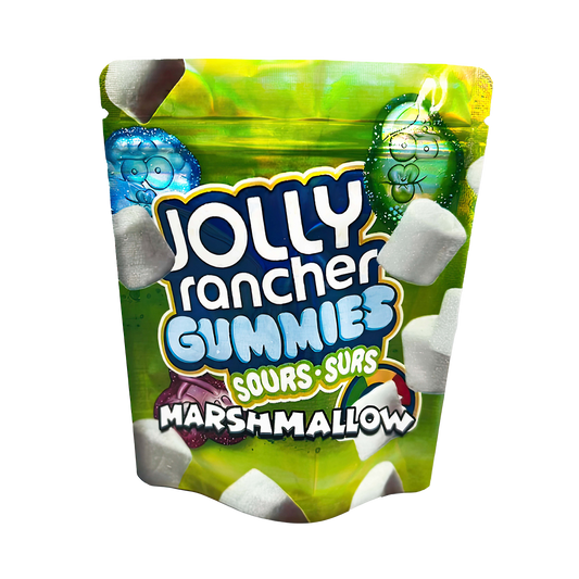 3.5G Mylar Bags, herb Mylar Bags, Where to buy mylar bags, Custom mylar bags near me, Mylar Bags Wholesale. Jolly Rancher Gummies Sours Marshmallow package on a white background