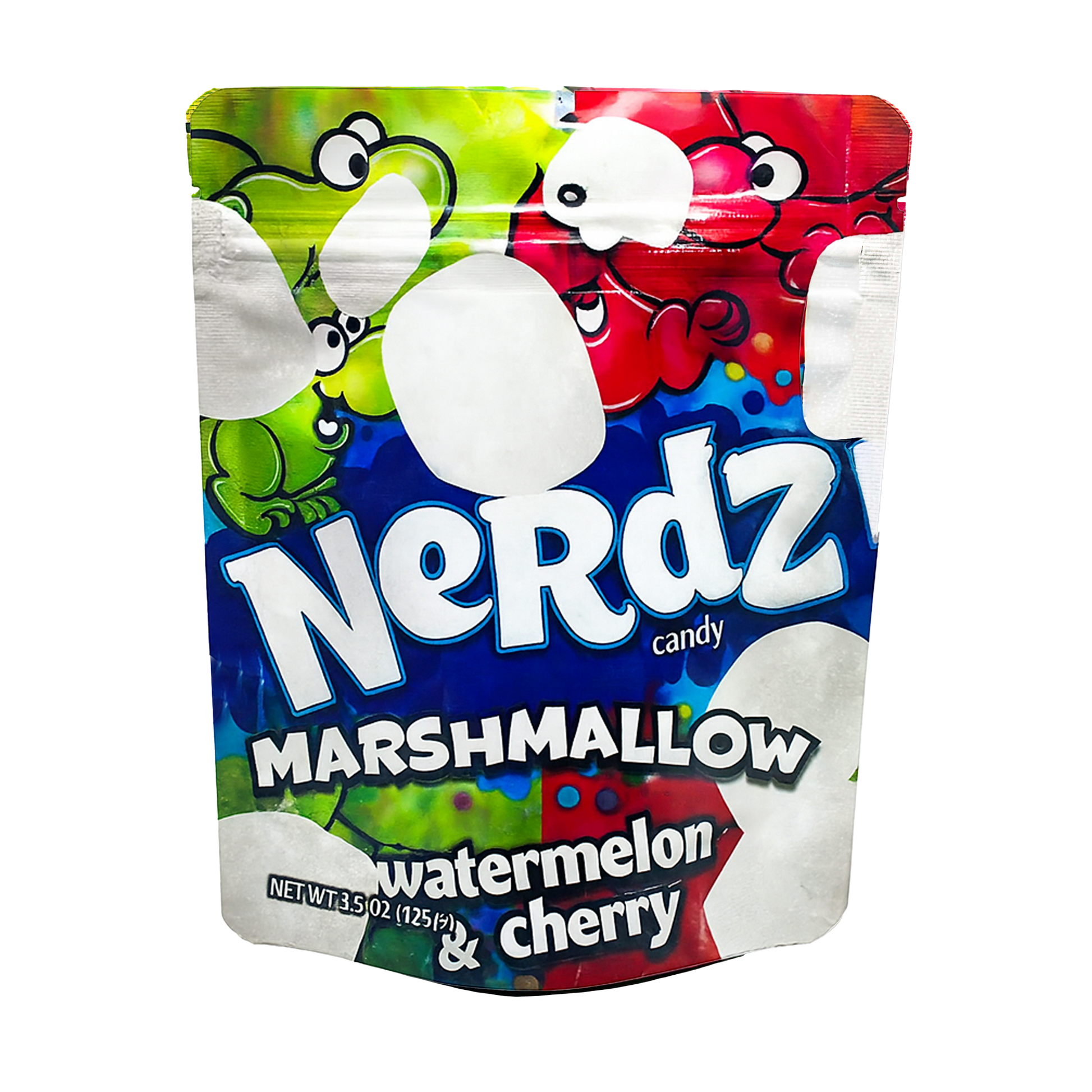 Mylar Bags Colorful packaging of Nerdz candy with marshmallow characters on a white background