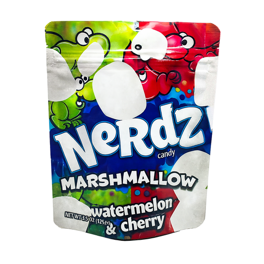 Mylar Bags Colorful packaging of Nerdz candy with marshmallow characters on a white background