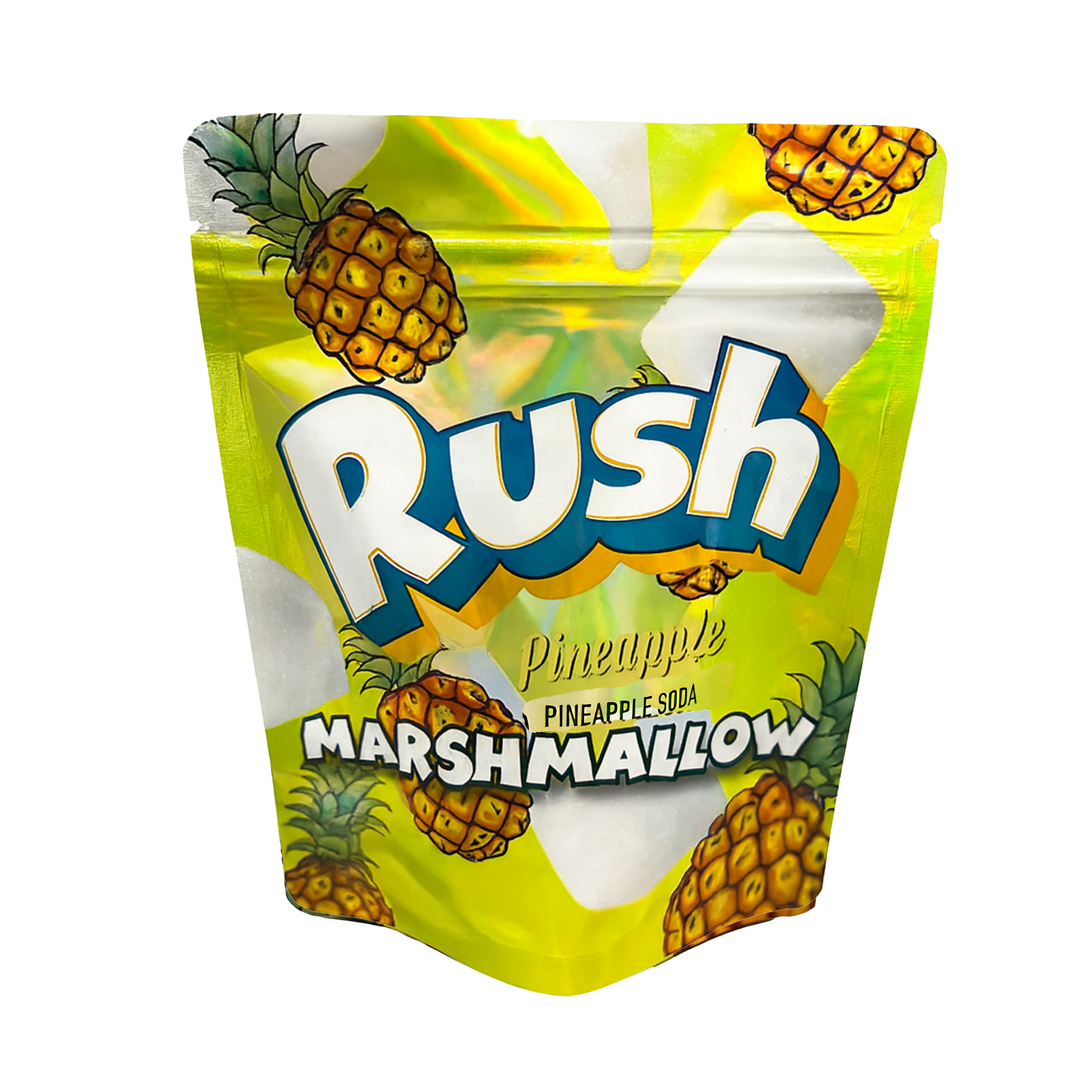 Mylar Bags Packaged marshmallows with 'Rush' branding and pineapple graphics on a white background
