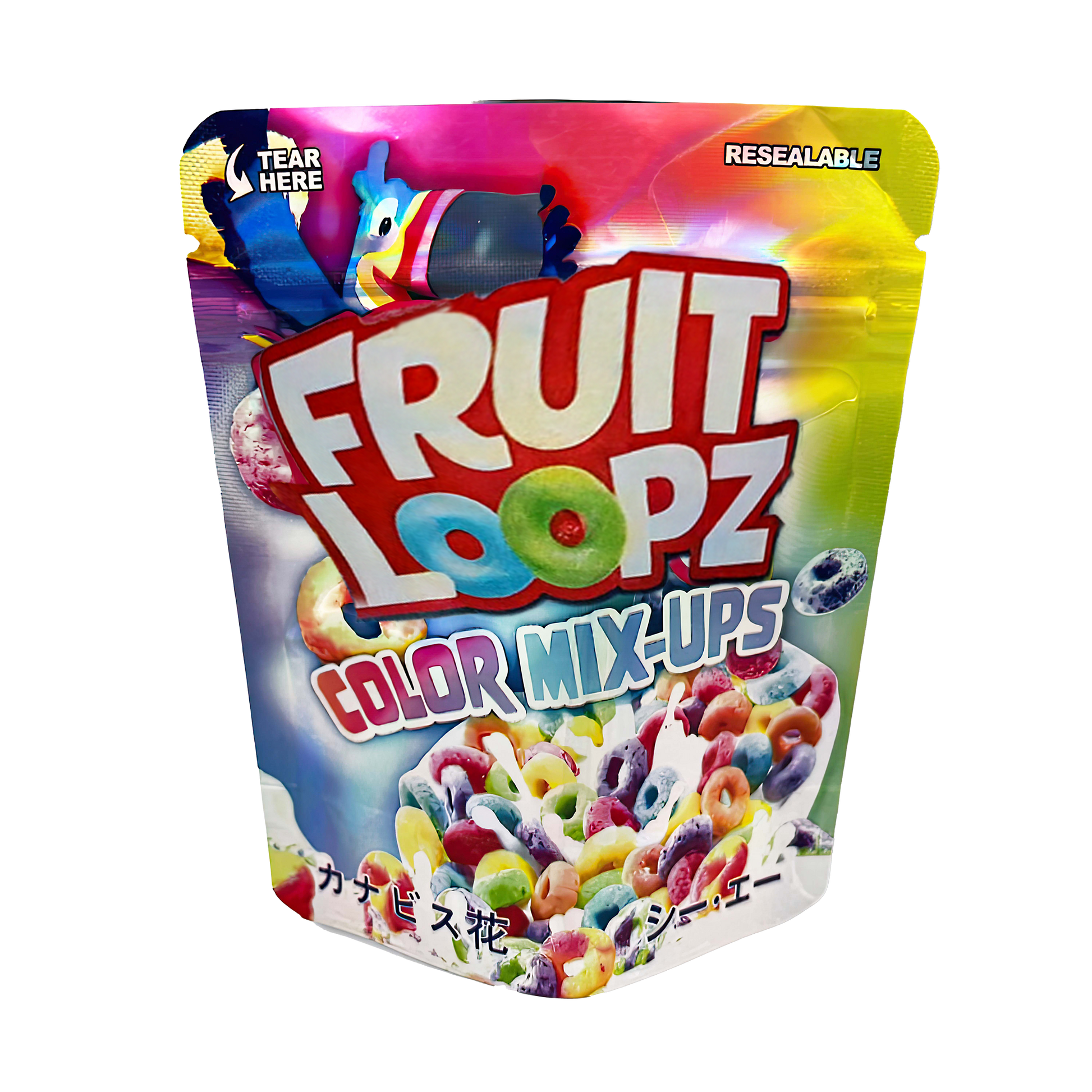 Mylar Bags Colorful package of Fruit Loopz Color Mix-Ups on a white background