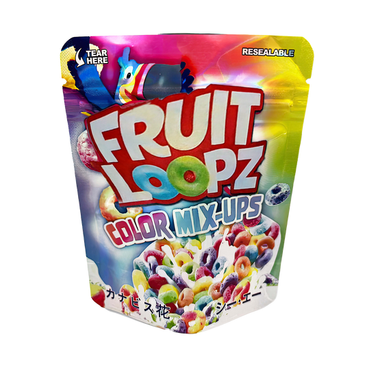 Mylar Bags Colorful package of Fruit Loopz Color Mix-Ups on a white background