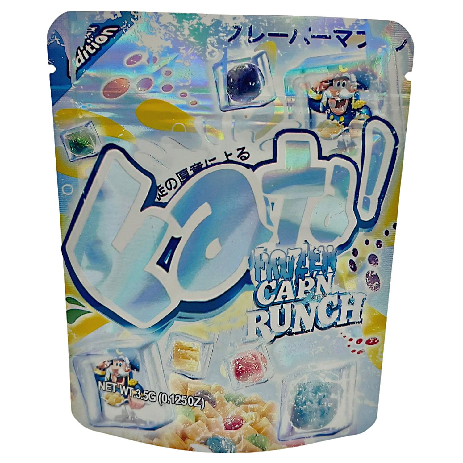 Mylar Bags Colorful packaging of 'Frozen Cap'n Crunch' with cartoon character and text.