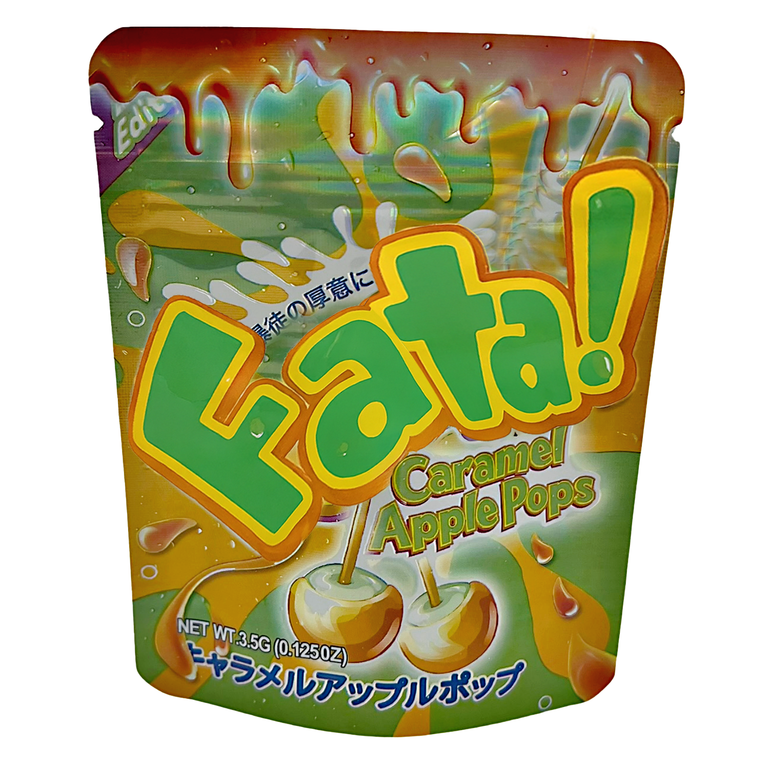Mylar Bags Colorful packaging of Kata! Caramel Apple Pops on a white background