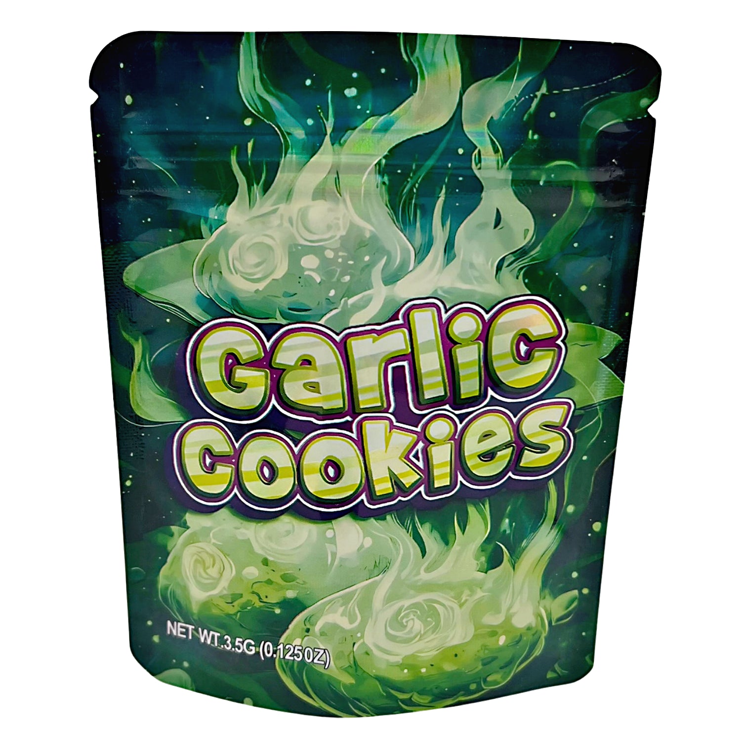 3.5G Mylar Bags, herb Mylar Bags, Where to buy mylar bags, Custom mylar bags near me, Mylar Bags Wholesale. Packaging of Garlic Cookies with green and black design