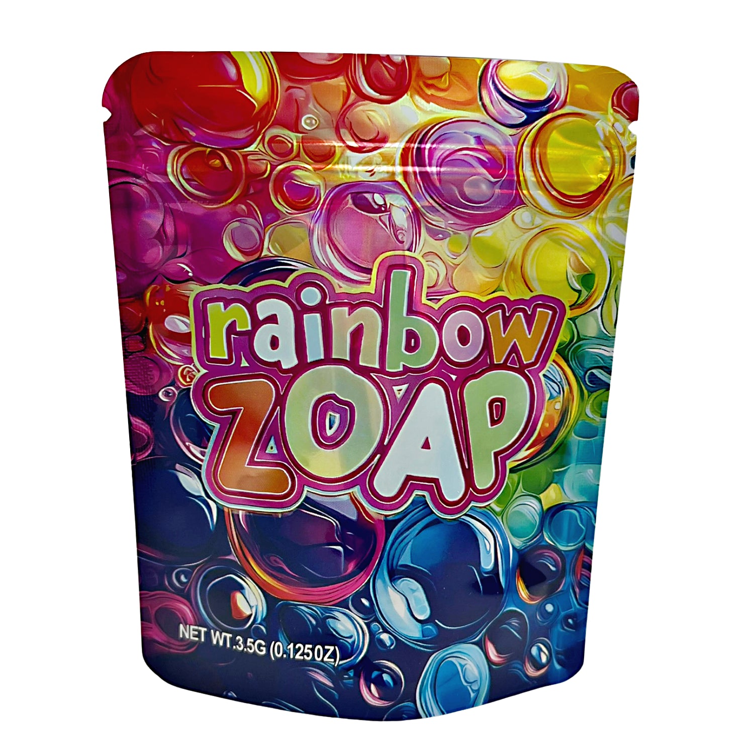 3.5G Mylar Bags, herb Mylar Bags, Where to buy mylar bags, Custom mylar bags near me, Mylar Bags Wholesale. Colorful packaging of Rainbow Zoap with bubble design on a white background