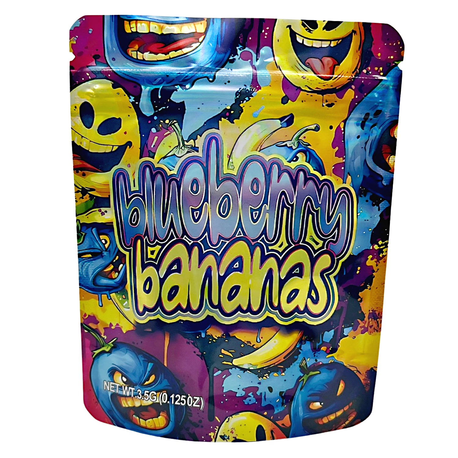 3.5G Mylar Bags, herb Mylar Bags, Where to buy mylar bags, Custom mylar bags near me, Mylar Bags Wholesale. Colorful packaging of 'Blueberry Bananas' with cartoon characters on a white background