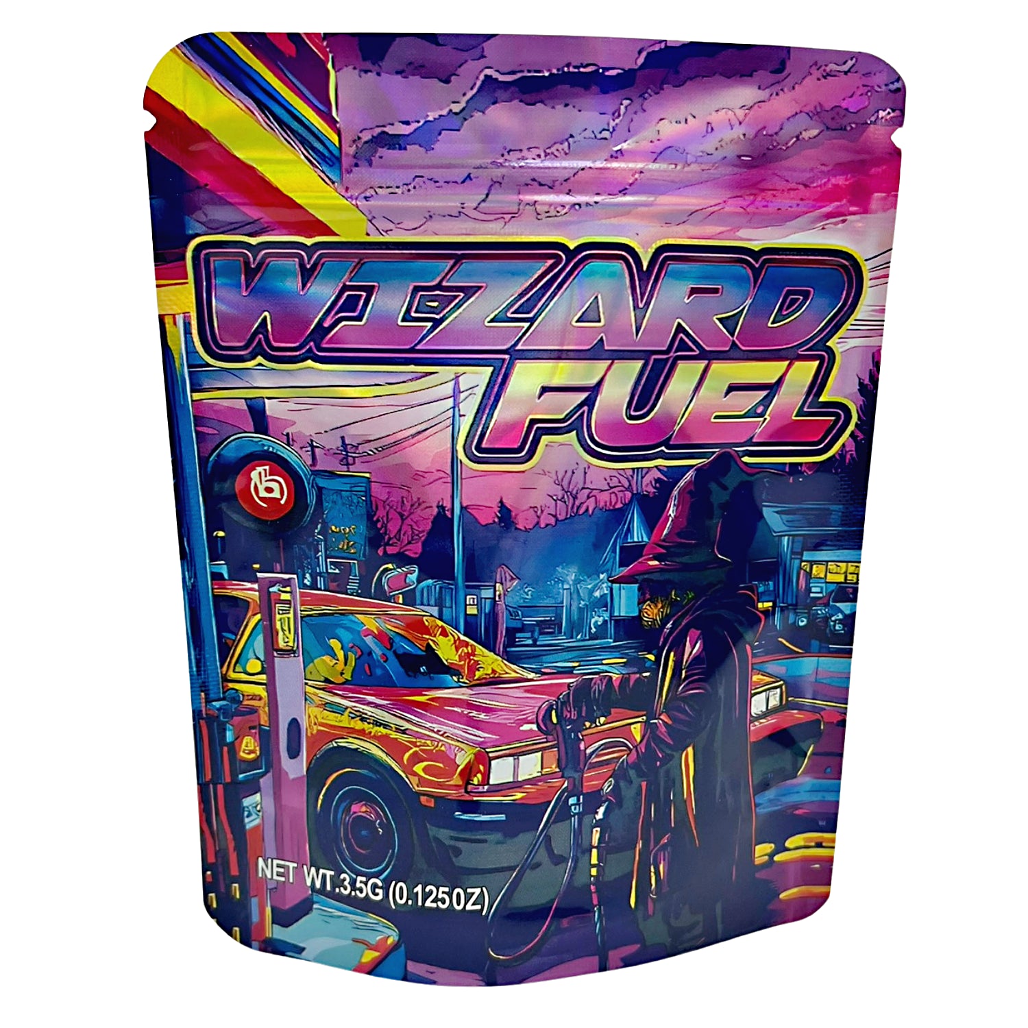 3.5G Mylar Bags, herb Mylar Bags, Where to buy mylar bags, Custom mylar bags near me, Mylar Bags Wholesale. Colorful packaging of 'Wizard Fuel' with a fantasy design featuring a wizard and car.